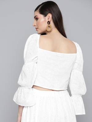 White Schiffli Bishop Sleeve Crop top 3