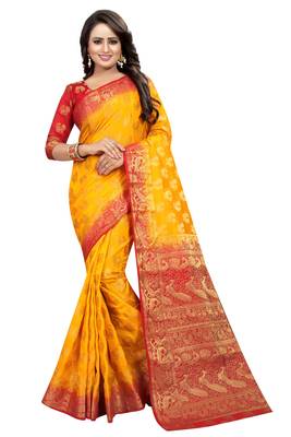Yellow woven cotton silk saree with blouse 1