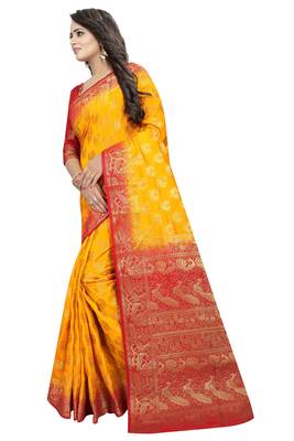 Yellow woven cotton silk saree with blouse 3