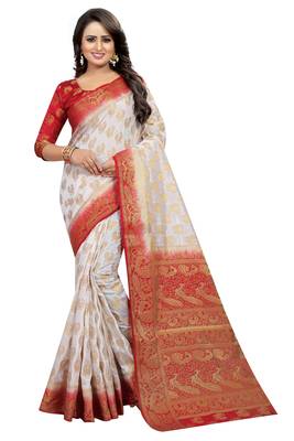 White woven cotton silk saree with blouse 1