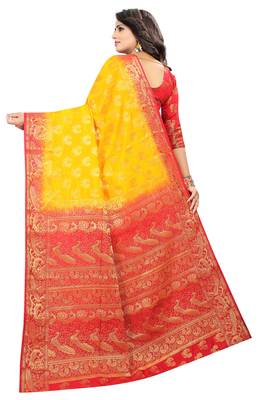 Yellow woven cotton silk saree with blouse 4