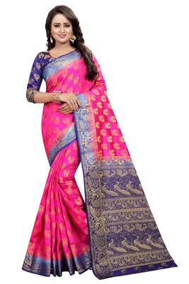 Pink woven cotton silk saree with blouse 1