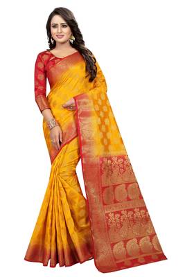 Yellow woven cotton silk saree with blouse 1