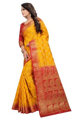 Yellow woven cotton silk saree with blouse 3