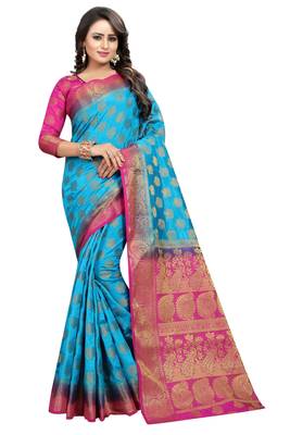 Blue woven cotton silk saree with blouse 1