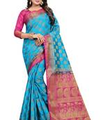 Blue woven cotton silk saree with blouse
