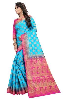 Blue woven cotton silk saree with blouse 2