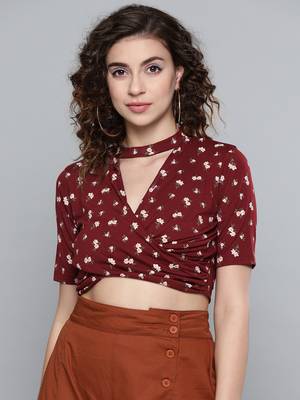 Maroon Floral Choker Neck Wrap Crop Top 1