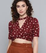 Maroon Floral Choker Neck Wrap Crop Top