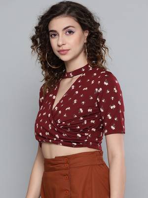 Maroon Floral Choker Neck Wrap Crop Top 2