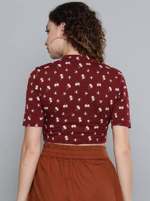 Maroon Floral Choker Neck Wrap Crop Top 3