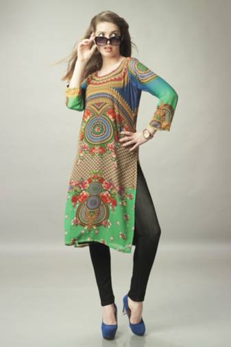 Green and Blue Georgette Digital Print Pakistani Kurti