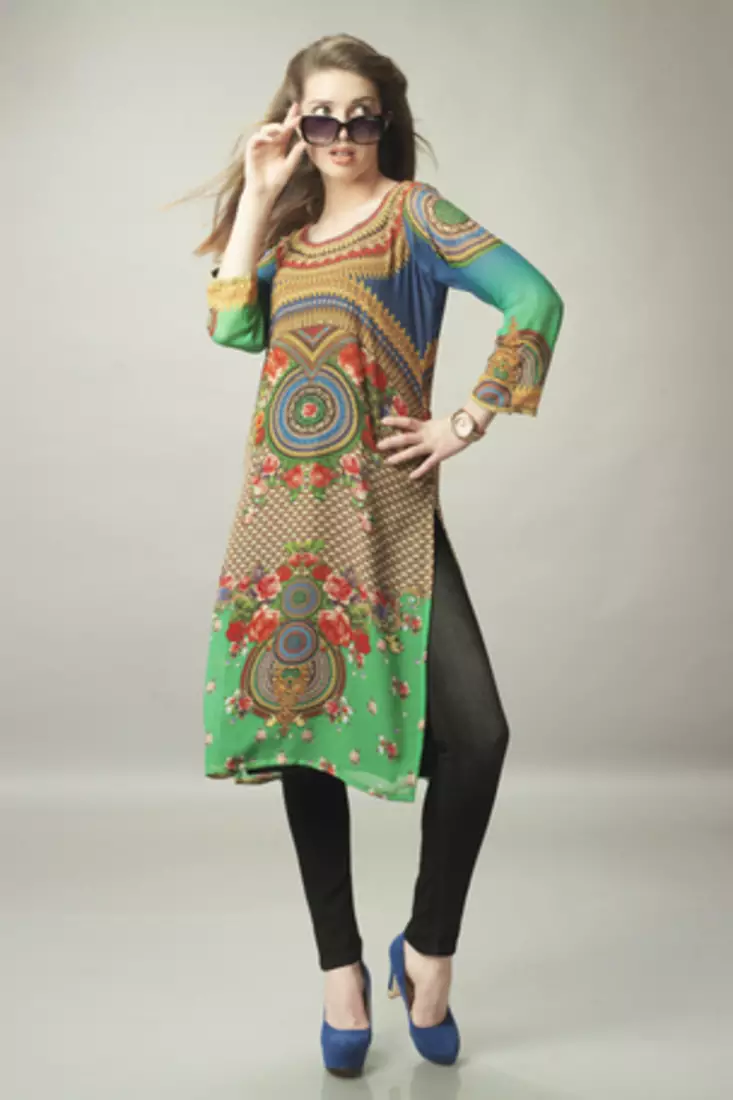Green and Blue Georgette Digital Print Pakistani Kurti