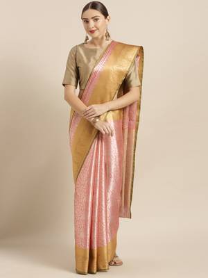 Pink woven silk blend saree with blouse 1