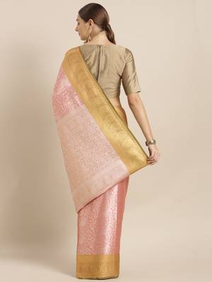 Pink woven silk blend saree with blouse 2
