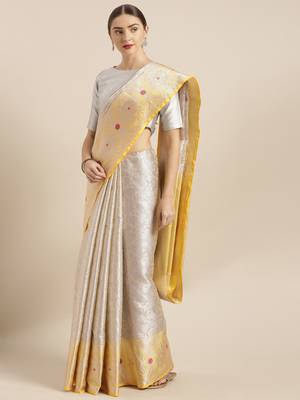 Silver woven silk blend saree with blouse 1