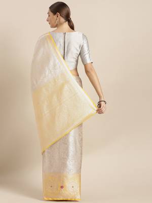 Silver woven silk blend saree with blouse 2