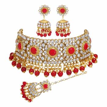 Wedding Wear Kundan Beaded Collar Necklace Set With Mang Tikka 1