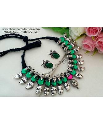 Eye Catching Oxidized German Silver Thread Necklace With Mango  & Peacock Charms With A Pair Of Matching Ear Rings 1