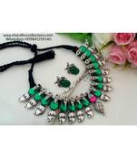 Eye Catching Oxidized German Silver Thread Necklace With Mango  & Peacock Charms With A Pair Of Matching Ear Rings