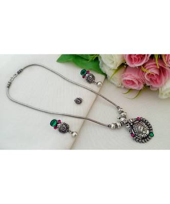 Traditional Oxidized German Silver Chain With Devi Pendant With Matching Ear Rings & Press Type Nose Pin 1