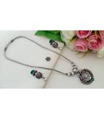 Traditional Oxidized German Silver Chain With Devi Pendant With Matching Ear Rings & Press Type Nose Pin