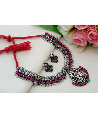 Traditional Oxidized German Silver Lakshmi Coin Necklace With Pendant & Matching Ear Rings 1