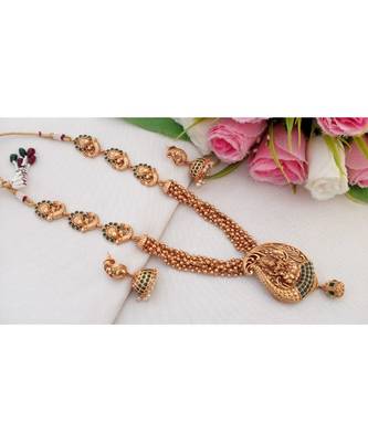 Traditional Matt Finish Multi Layer Haaram With Lakshmi Pendant With A Pair Of Matching Jhumkas 1
