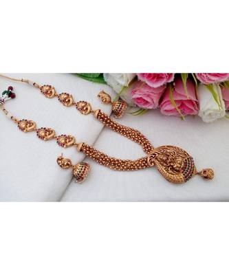 Traditional Matt Finish Multi Layer Haaram With Lakshmi Pendant With A Pair Of Matching Jhumkas 1