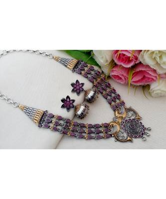 Royal Two Tone Oxidized German Silver Necklace with Ruby Stones & Matching Jhumkas 1