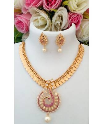 Traditional Gold Tone Lakshmi Coin Necklace With Removable American Diamond Pendant & Ear Rings 1