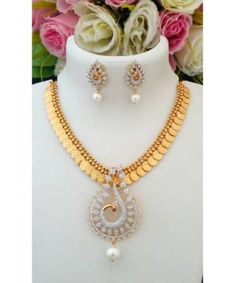 Traditional Gold Tone Lakshmi Coin Necklace With Removable American Diamond Pendant & Ear Rings 1