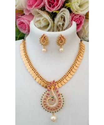 Traditional Gold Tone Lakshmi Coin Necklace With Removable American Diamond Pendant & Ear Rings 1