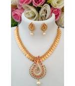 Traditional Gold Tone Lakshmi Coin Necklace With Removable American Diamond Pendant & Ear Rings
