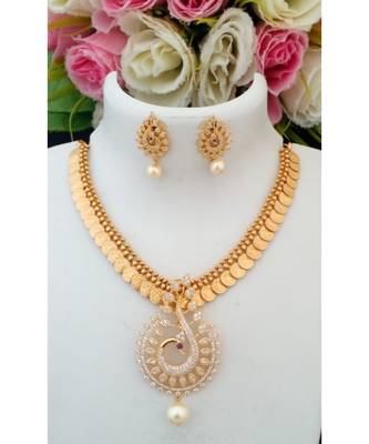 Traditional Gold Tone Lakshmi Coin Necklace With Removable American Diamond Pendant & Ear Rings 1