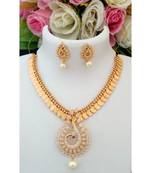 Traditional Gold Tone Lakshmi Coin Necklace With Removable American Diamond Pendant & Ear Rings