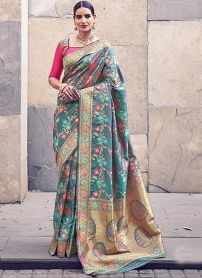 Teal Banarasi Wedding Wear Saree With Blouse 1