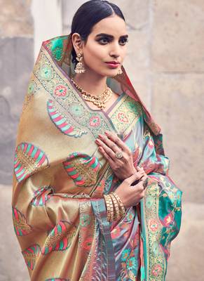 Teal Banarasi Wedding Wear Saree With Blouse 2