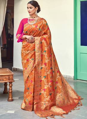 Orange Banarasi Wedding Wear Saree With Blouse 1