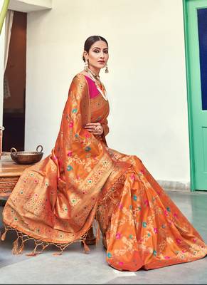 Orange Banarasi Wedding Wear Saree With Blouse 2