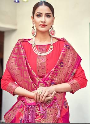 Rani Pink Banarasi Wedding Wear Saree With Blouse 2