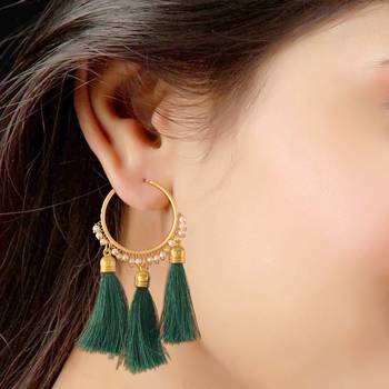 Gold Plated Silk Thread Tassel Hoop Earrings for Women  2