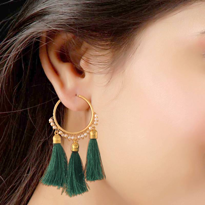 Gold Plated Silk Thread Tassel Hoop Earrings for Women 