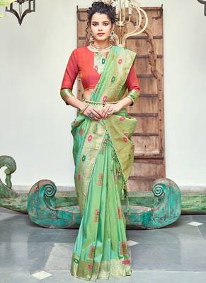 Parrot Green Banarasi Wedding Wear Saree With Blouse 2