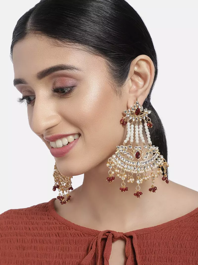 Gold Plated Traditional Kundan & Pearl Dangler Drop Paasa Earrings For Women