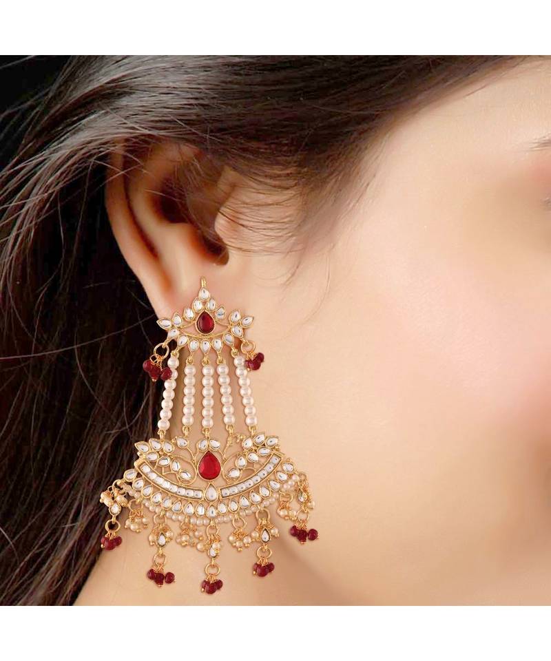Gold Plated Traditional Kundan & Pearl Dangler Drop Paasa Earrings For Women