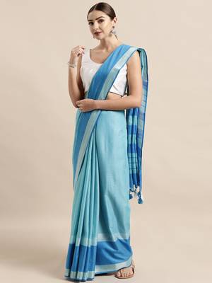 Blue plain linen saree with blouse 1
