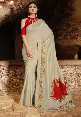 Beige Embroidered Fancy Fabric Bollywood Saree With Blouse 1