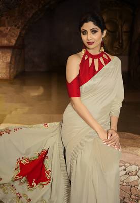Beige Embroidered Fancy Fabric Bollywood Saree With Blouse 2