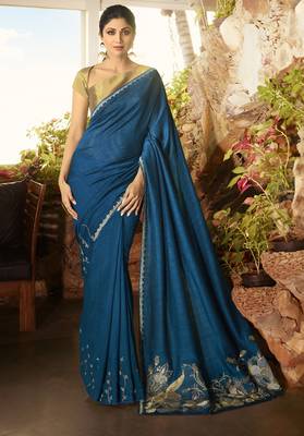 Blue Embroidered Fancy Fabric Bollywood Saree With Blouse 1
